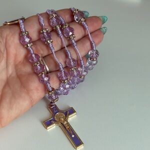 Lavender Glass Beaded Rosary Necklace with Gold Crucifix